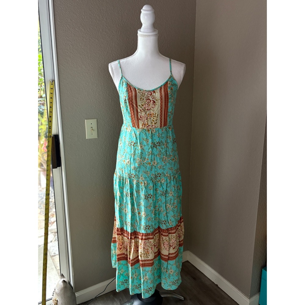 Angashion Womens Boho Floral Tiered Maxi Dress Turquoise Blue Medium Smocked